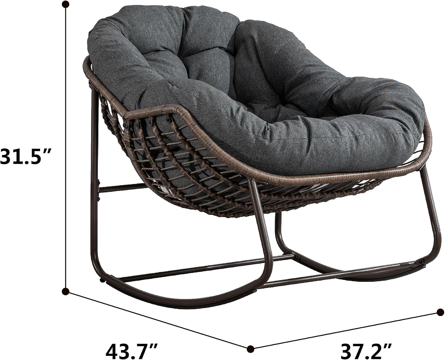 Outdoor Rattan Rocking Chair Oversized Papasan Recliner Lounger, Steel Frame & Thick Olefin Cushion, Indoor/Outdoor Use for Patio, Porch, Backyard, Garden, Balcony, Navy Blue
