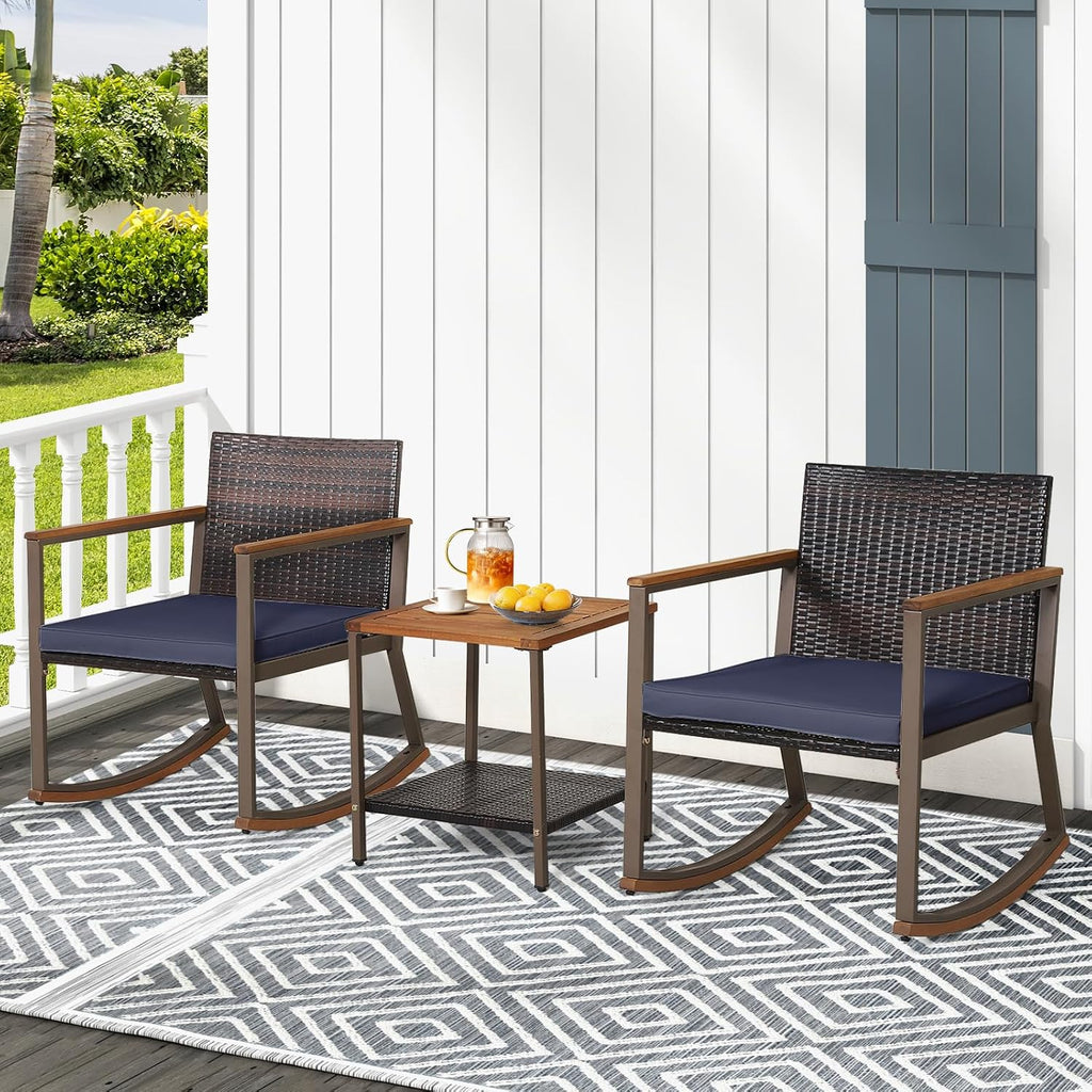 Outdoor Rocking Chair Set, 3 Pieces Patio Set with Rocking Chair, Coffee Table & Cushions, Patio Wicker Furniture Set for Balcony, Porch & Backyard (Navy Blue)
