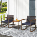 Outdoor Rocking Chair Set, 3 Pieces Patio Set with Rocking Chair, Coffee Table & Cushions, Patio Wicker Furniture Set for Balcony, Porch & Backyard (Navy Blue)