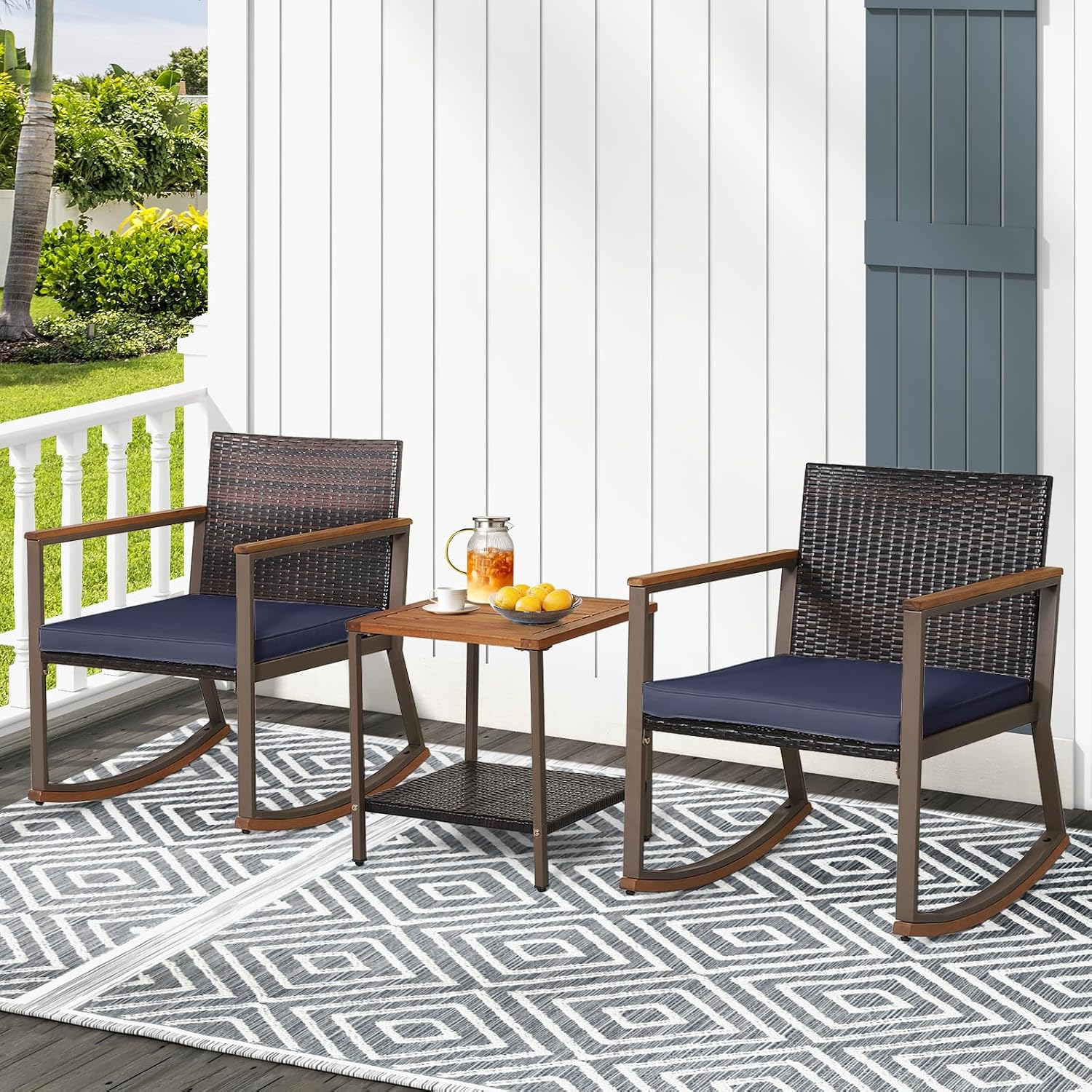 Outdoor Rocking Chair Set, 3 Pieces Patio Set with Rocking Chair, Coffee Table & Cushions, Patio Wicker Furniture Set for Balcony, Porch & Backyard (Navy Blue)