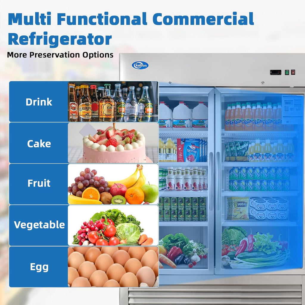49 Cu.Ft Commercial Beverage Refrigerator, Glass Door Drink Fridge with LED Light, 8 Adjustable Shelves, Lockable Upright Merchandiser for Restaurant, Supermarket, Gym, Cafe