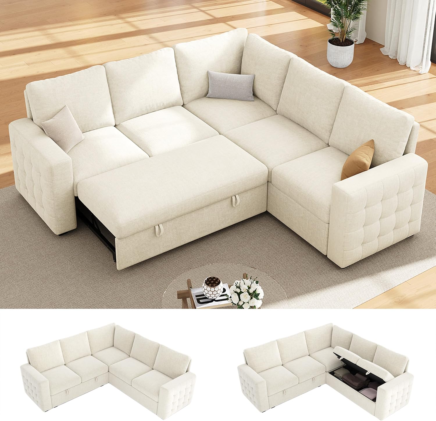 86' Sectional Sleeper Sofa Bed, Sleeper Couch with Pull out Bed, L Shaped Couch with Storage, Modular Sectional Sofa， Sectional Couches for Living Room&Apartment, Convertible Sofas, Beige Couches