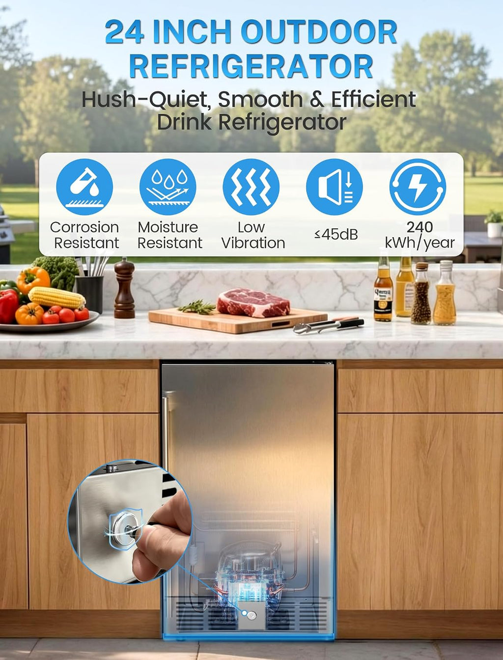 Electactic 15 Inch Outdoor Beverage Refrigerator, Undercounter Beverage Cooler with Stainless Steel Door, Built-in & Freestanding Drink Fridge for Beer Wine Soda, Outdoor Fridge for Patio Home Kitchen