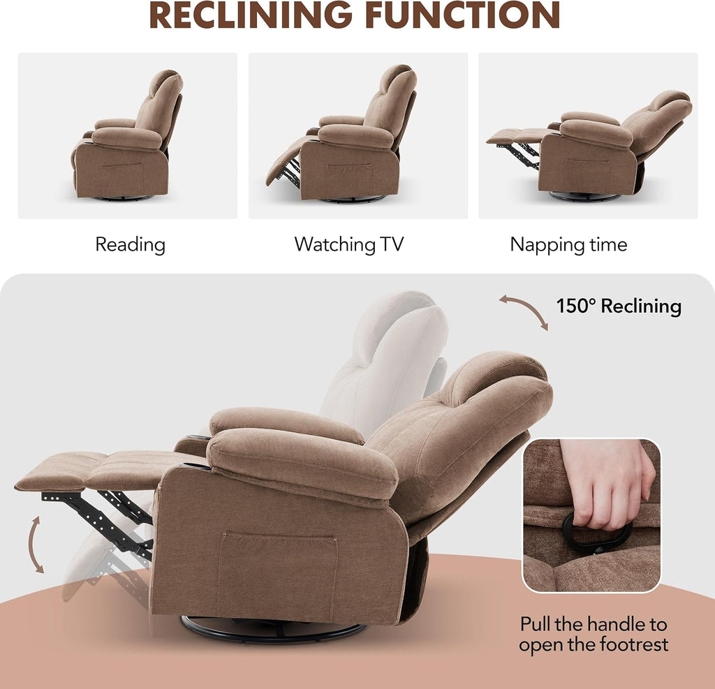 Weture Swivel Rocker Recliner Chair with Heat and Massage, 360 Degree Swivel Rocking Single Sofa with Cup Holders and USB Port, Big Oversized Recliner Chair for Living Room (Fabric, Brown)