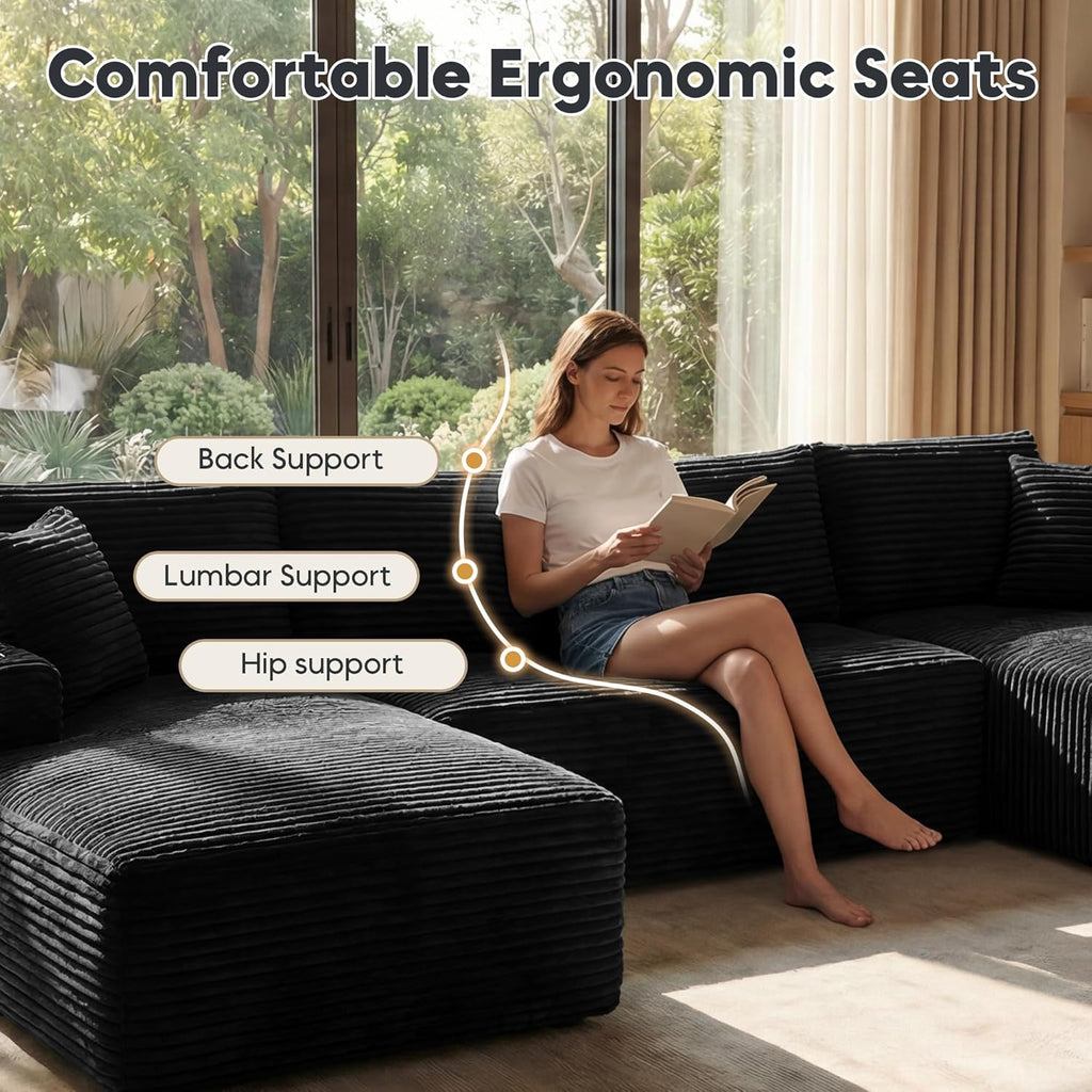 125' Oversized Cloud Boneless Couch with Chaise, Modern Modular Sofa with Deep Seat, Corduroy Upholstered U Shaped Couch for Living Room, No Assembly Required (Black)