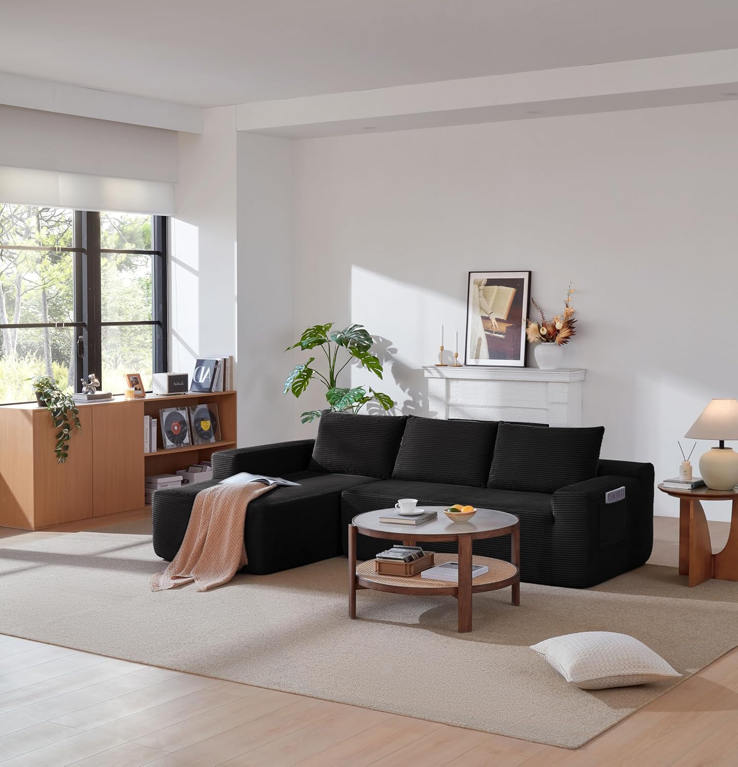 97' Cloud Couch Sectional, L Shaped Boneless Couch Sectional Couches for Living Room, Modern Comfy Corduroy Fluffy Modular Sofa with Deep Seat, No Assembly (Black, Left Facing Chaise)