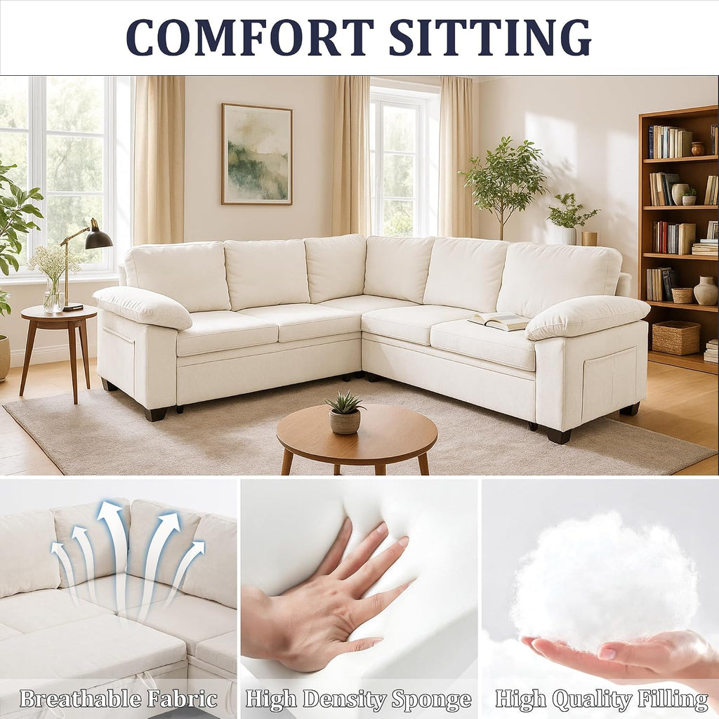86 Inch Sectional Sleeper L Shaped Sofa with Pull Out Bed, Modular Sectional Sofa with Storage, Modern Chenille Cloud Couch, Sectional Couches for Living Room, Beige