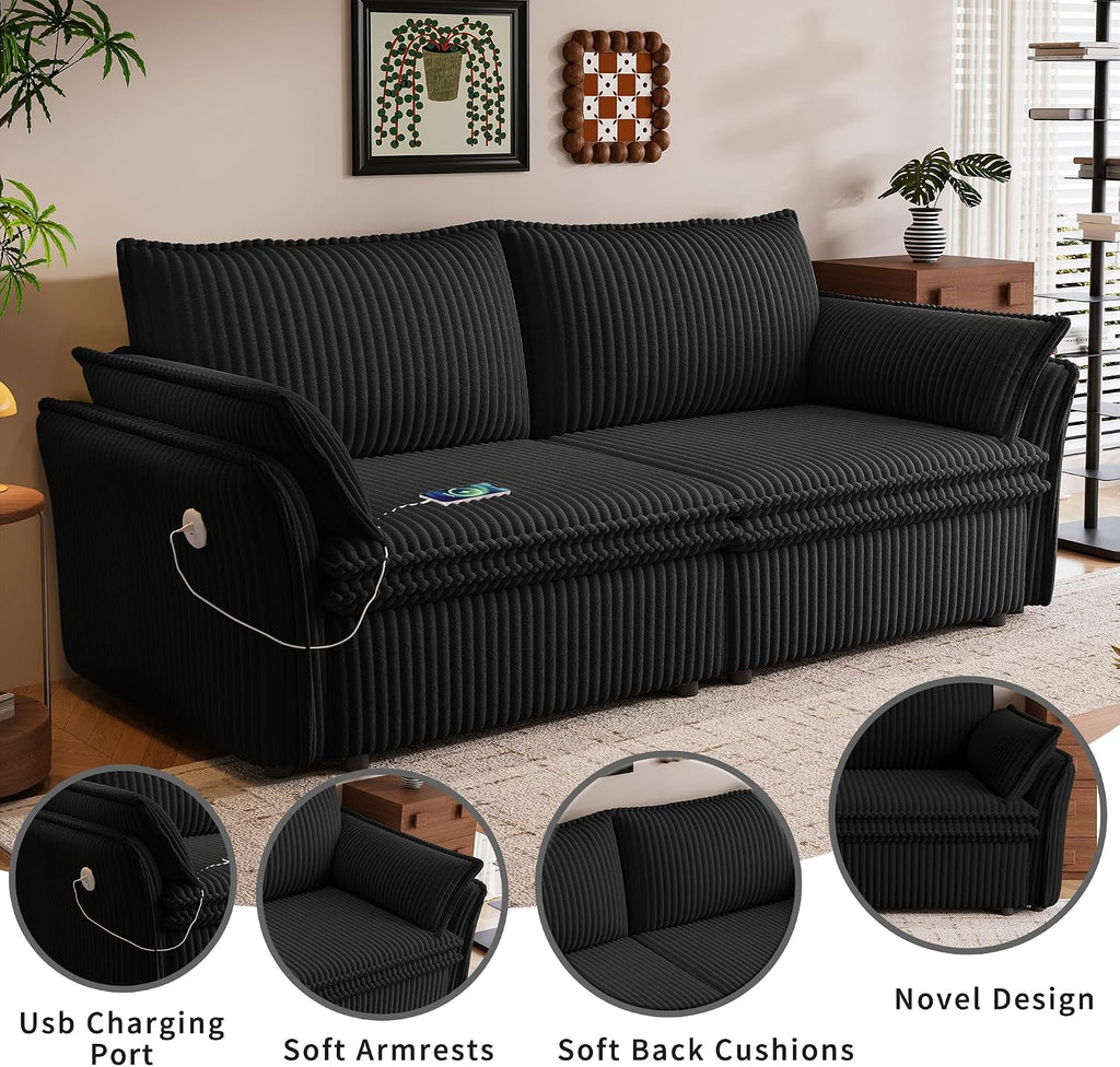 85' Convertible Sofa Bed with Storage Ottoman, Plush Corduroy Fabric Loveseat Pull Out Couch with Adjustable Backrest and USB Charger, 2 Soft Pillows, Couch Bed for Living Room, Small Space,Black