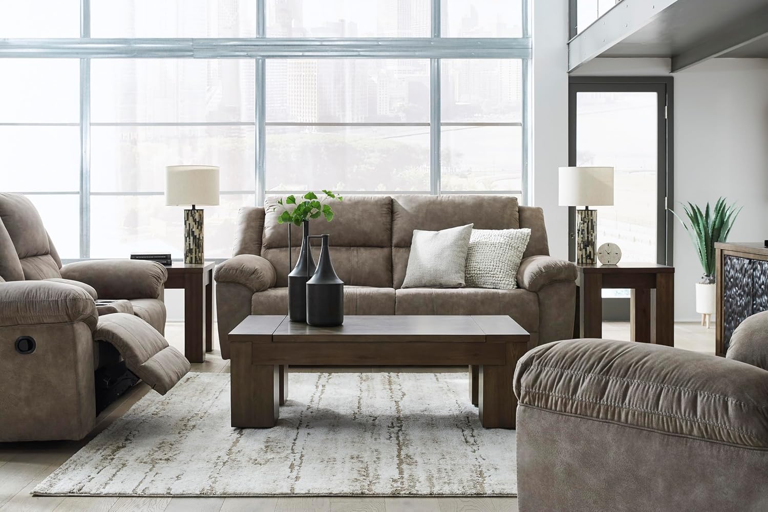 Signature Design by Ashley Laresview Contemporary Faux Leather Manual Double Reclining Loveseat with Console, Storage and Cup Holders, Gray