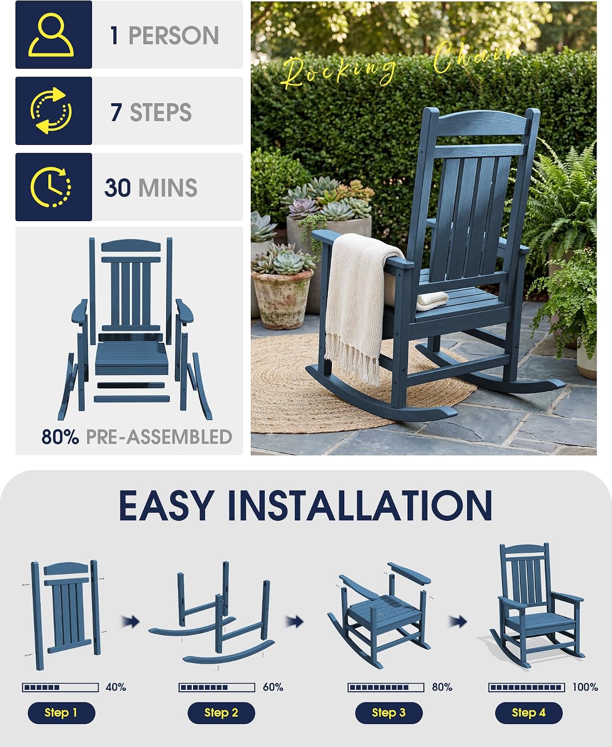 KINGYES Oversized Outdoor Rocking Chair with Cushion, All-Weather Patio Rocking Chairs, HDPE Porch Rocker for Adults, 350 lbs Capacity, Blue Chair with Grey Cushion