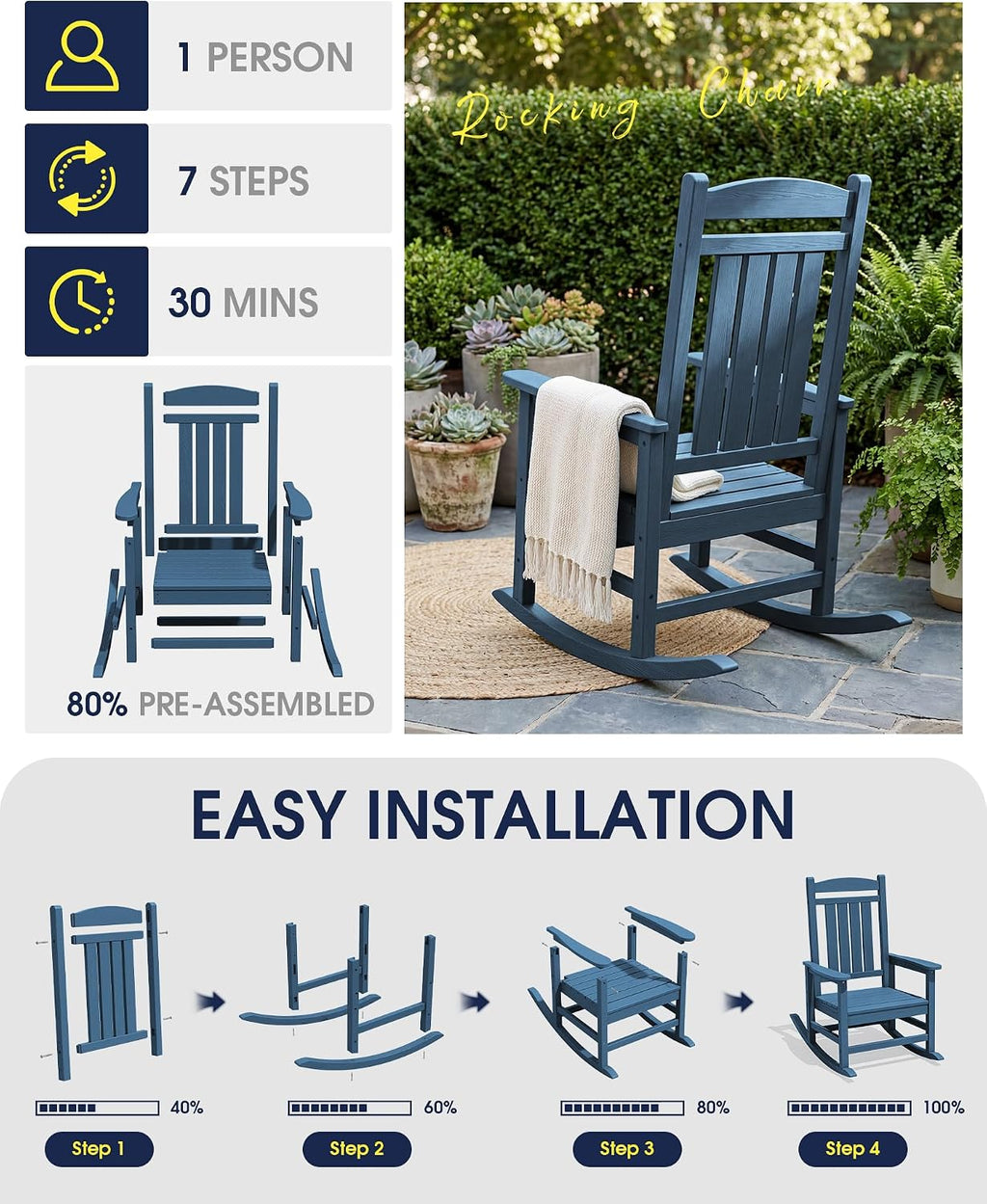 KINGYES Oversized Outdoor Rocking Chair with Cushion Set of 2, All-Weather Patio Rocking Chairs, HDPE Porch Rocker for Adults, 350 lbs Capacity, Blue Chair with Grey Cushion