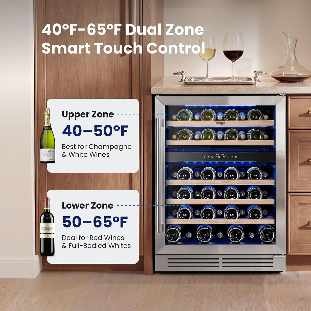 Yeego Wine Fridge Cooler - 24 Inch Dual Zone Wine Fridge Hold 52 Bottles, 40-65°F Wine Refrigerator Glass Door, Built in Fridge, Freestanding Adjustable Shelves Fridge for Beer Soda Drink Home Bar