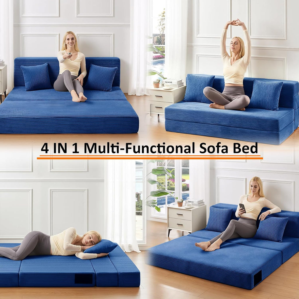JKMAX Queen Size Folding Sofa Bed - 4 in 1 Convertible Sleeper Chair with Two Pillows - High Density Memory Foam Futon Couch - Foldable Bed for Living Room Bedroom (Blue)