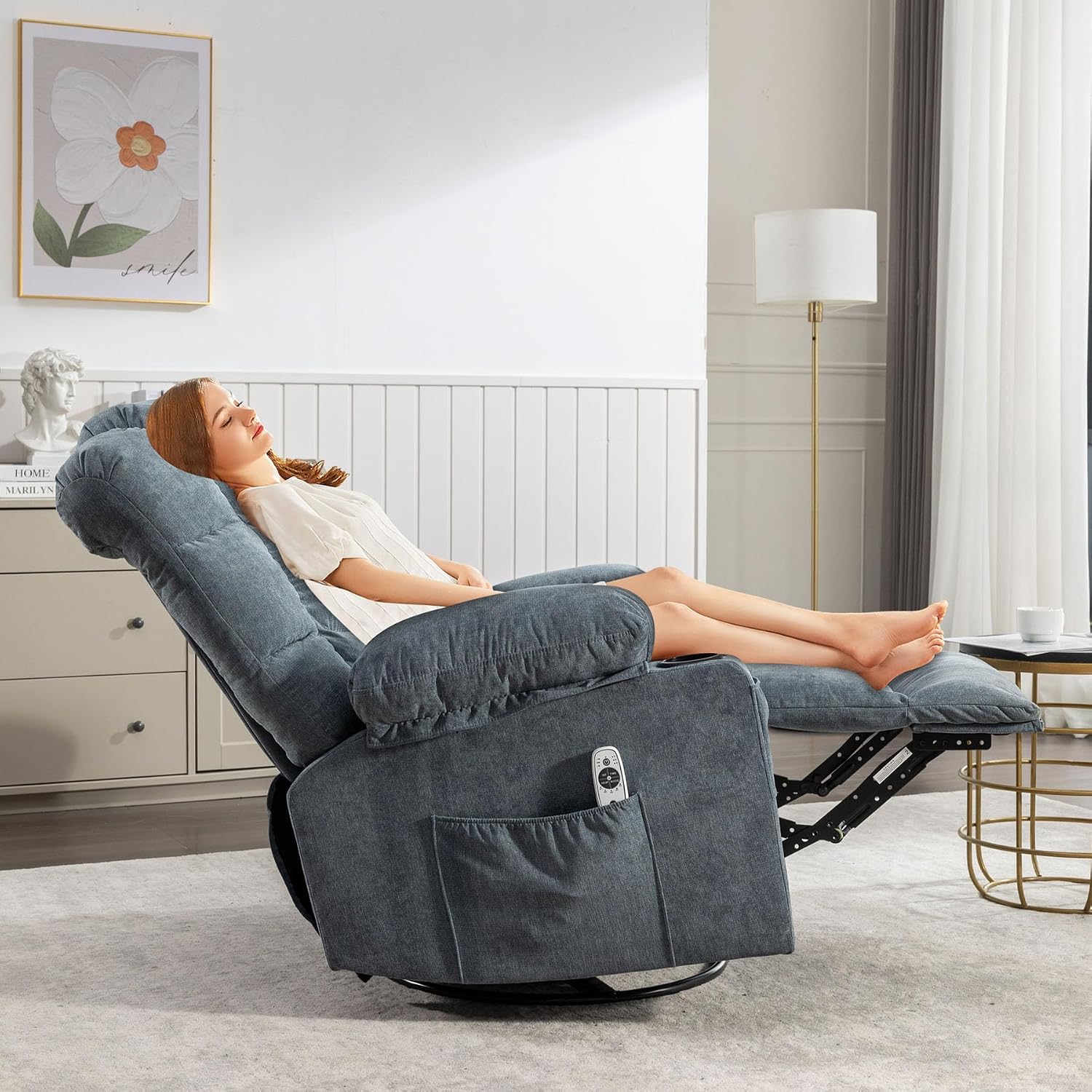 Massage Chair Recliner with Heat&USB,Comfotable Lazy Boy Recliner Chair with Cup Holder&2 Side Pockets,Manual Recliner Chair for Adults,Bread-Shaped,Heavy Duty,Fabric (Blue2)