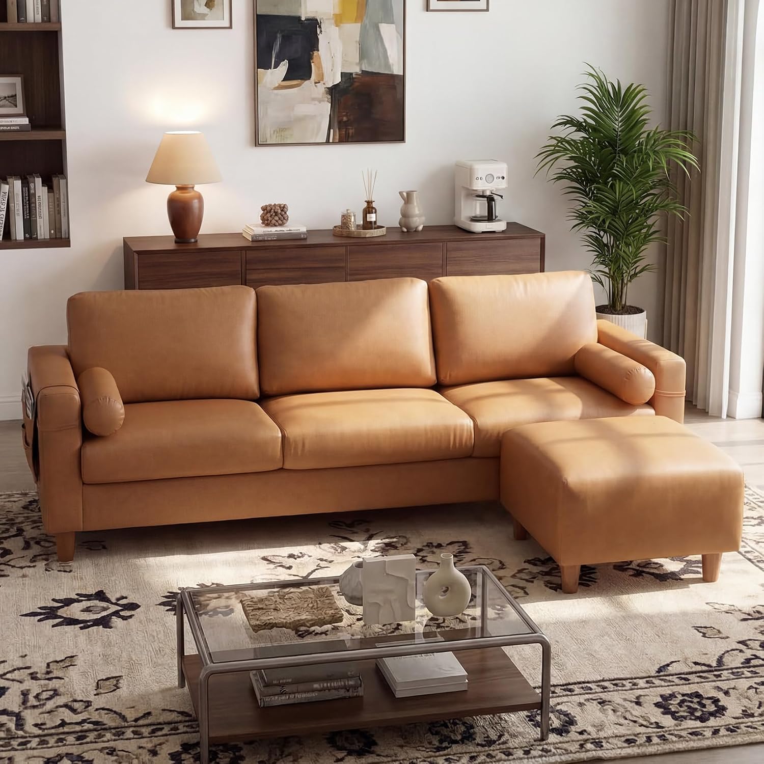Vesgantti 100' Faux Leather Couch with Movable Ottoman, 3 Seater L Shaped PU Leather Sofa with Side Pocket, Comfy Mid Century Modern Modular Sectional Couch for Living Room, Apartment, Camel