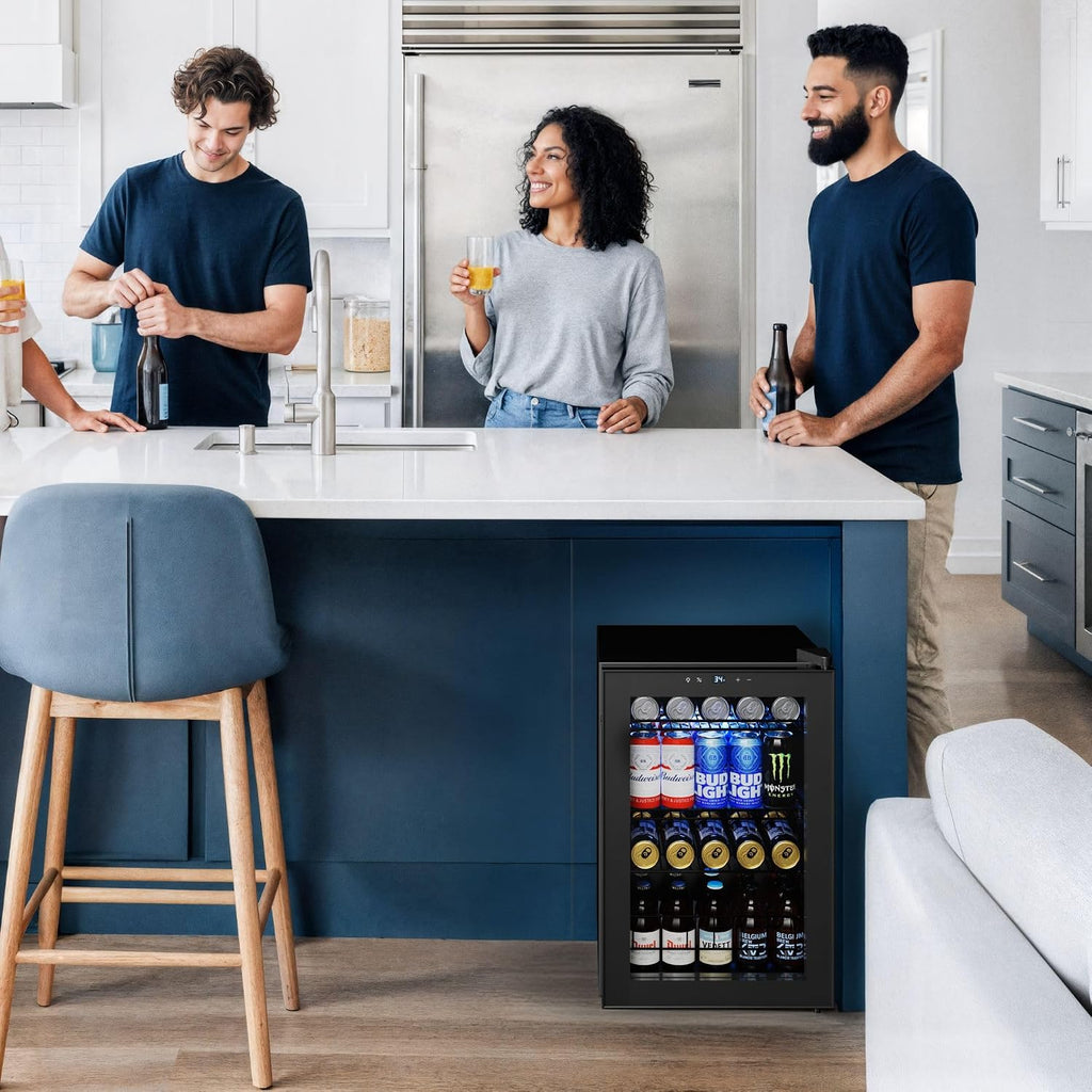 Yeego Countertop & Freestanding Beverage Fridge, 85-Can Mini Drink Refrigerator with Glass Door, Adjustable Shelves, Digital Temperature Control 34–54°F, Compact Cooler for Kitchen, Office, Bar