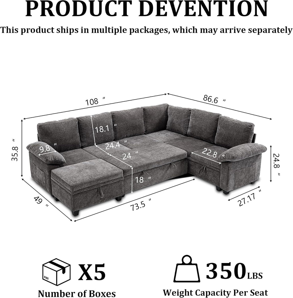 108 Inch Sectional Sleeper L Shaped Sofa with Pull Out Bed, Modular Sectional Sofa with Storage, Modern Chenille Cloud Couch, Sectional Couches for Living Room, Grey