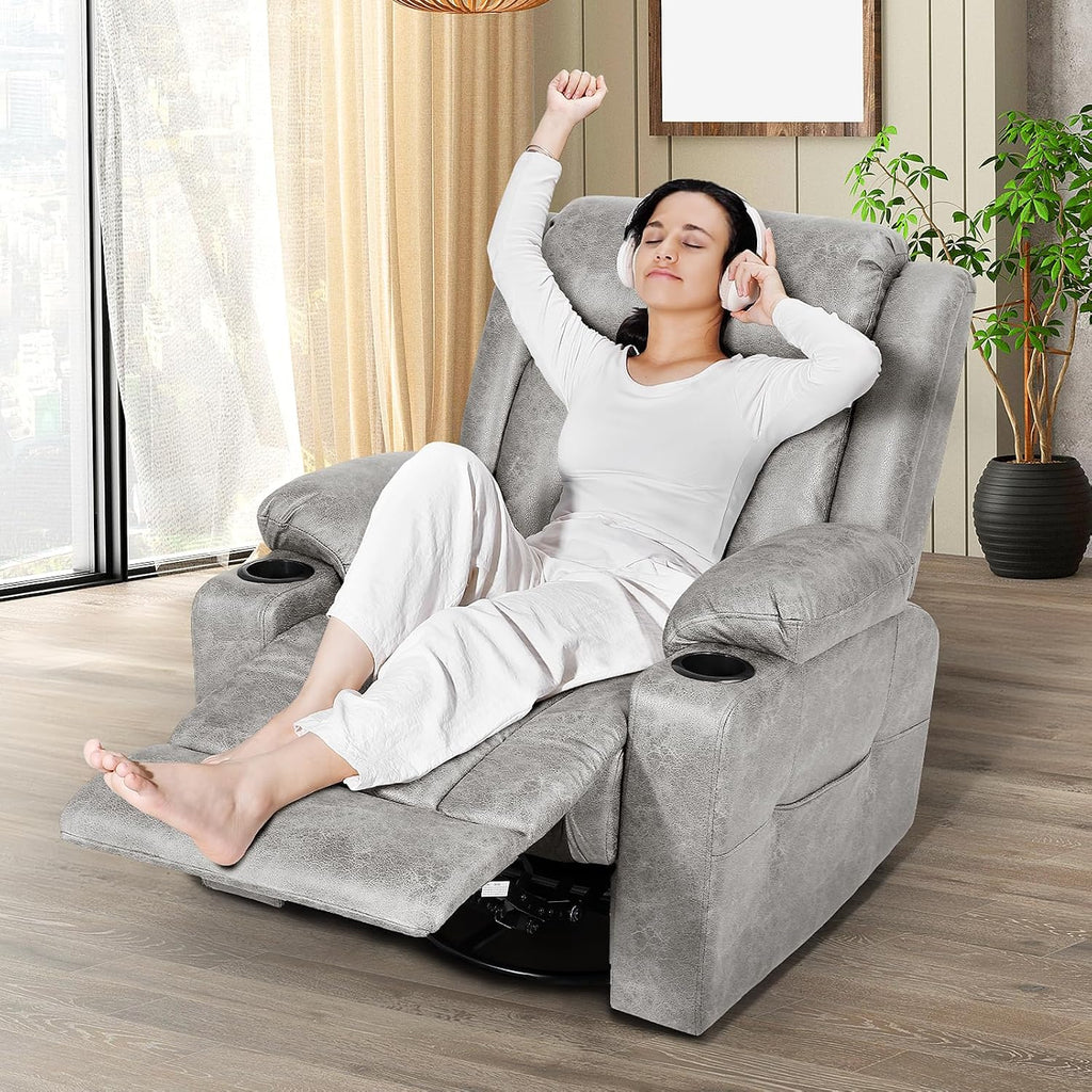 LEVELEVE Retro Rocking Recliner Chair, Massage Rocker Recliner Chair with Vibration Massage and Heat, USB and Type-C Ports,360° Swivel Chairs, Living Room, Bedroom, Nursery, RV, Light Grey