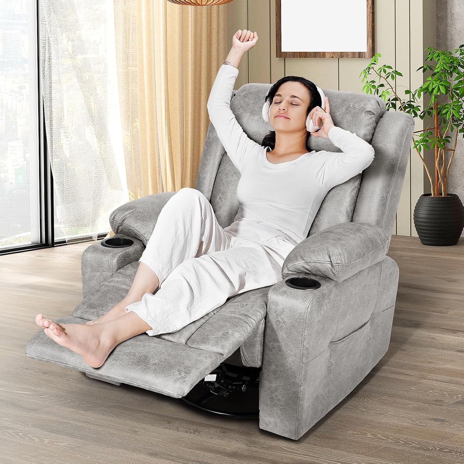 LEVELEVE Retro Rocking Recliner Chair, Massage Rocker Recliner Chair with Vibration Massage and Heat, USB and Type-C Ports,360° Swivel Chairs, Living Room, Bedroom, Nursery, RV, Light Grey