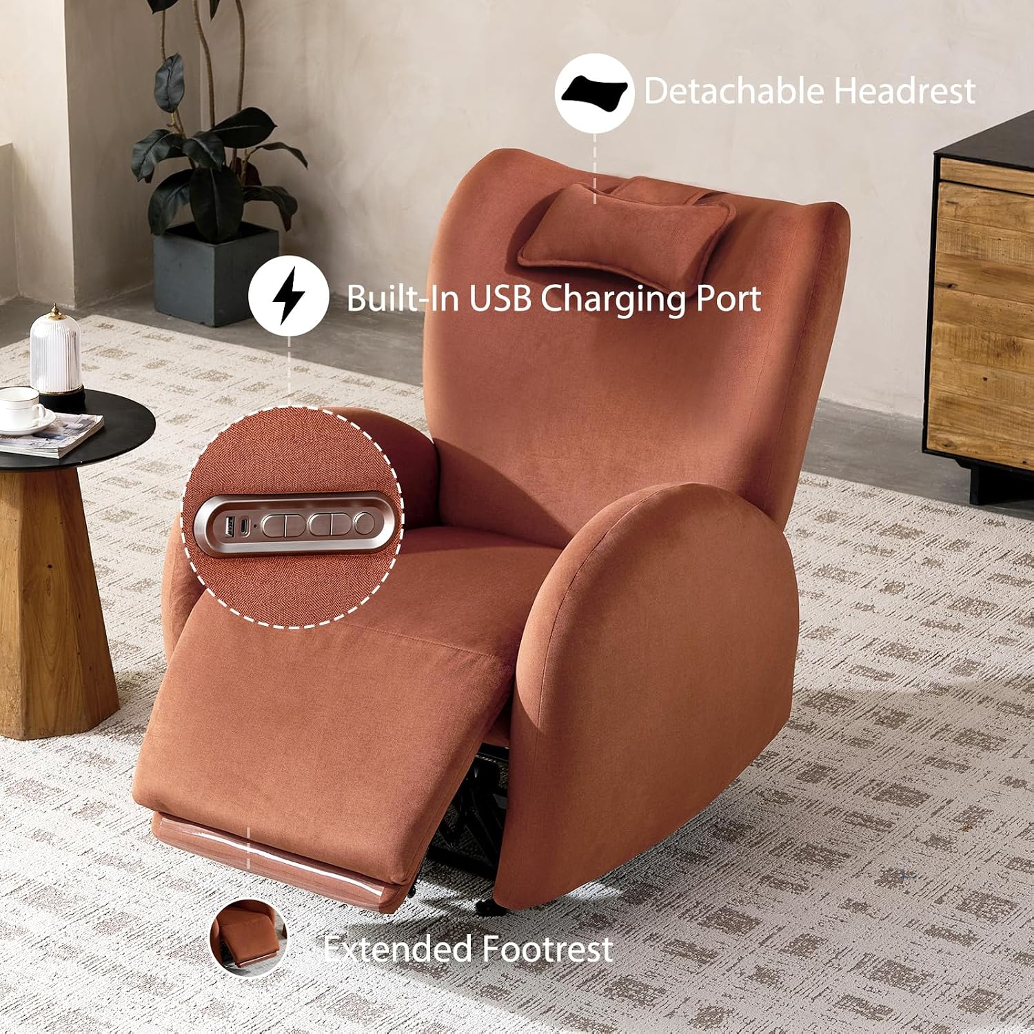 EONIX Stylish Power Glider Rocker Recliner Chair, Dual Motor Independently Controlled Footrest and Backrest, Detachable Headrest, Lazy Boy Recliner Chair for Living Room, SXXY010, Brick Red