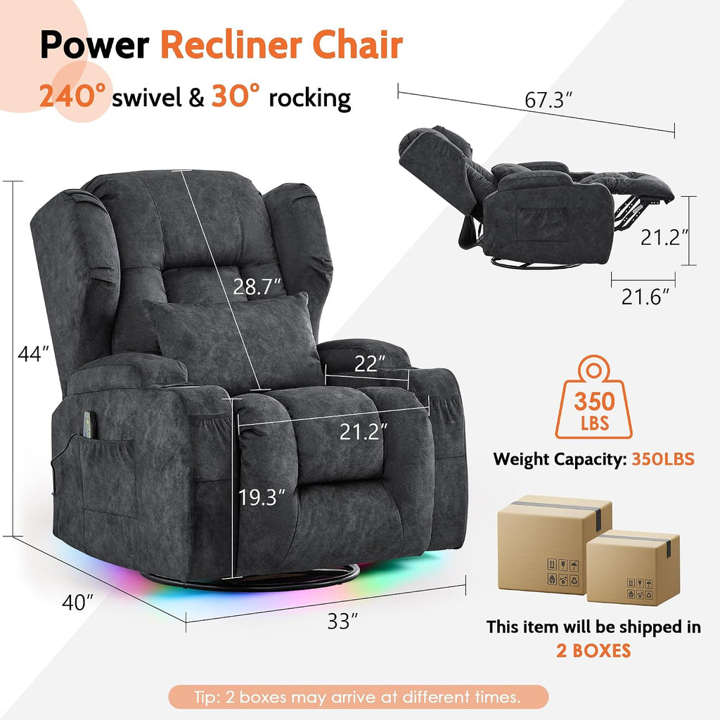BINGTOO Dual Motor Power Swivel Rocker Recliner Chair with Massage & Heat, Electric Wall Hugger Glider Chair for Adults, Nursery with LED Lights, USB-C Ports & Cup Holders, Velvet Gray, 2 Chair