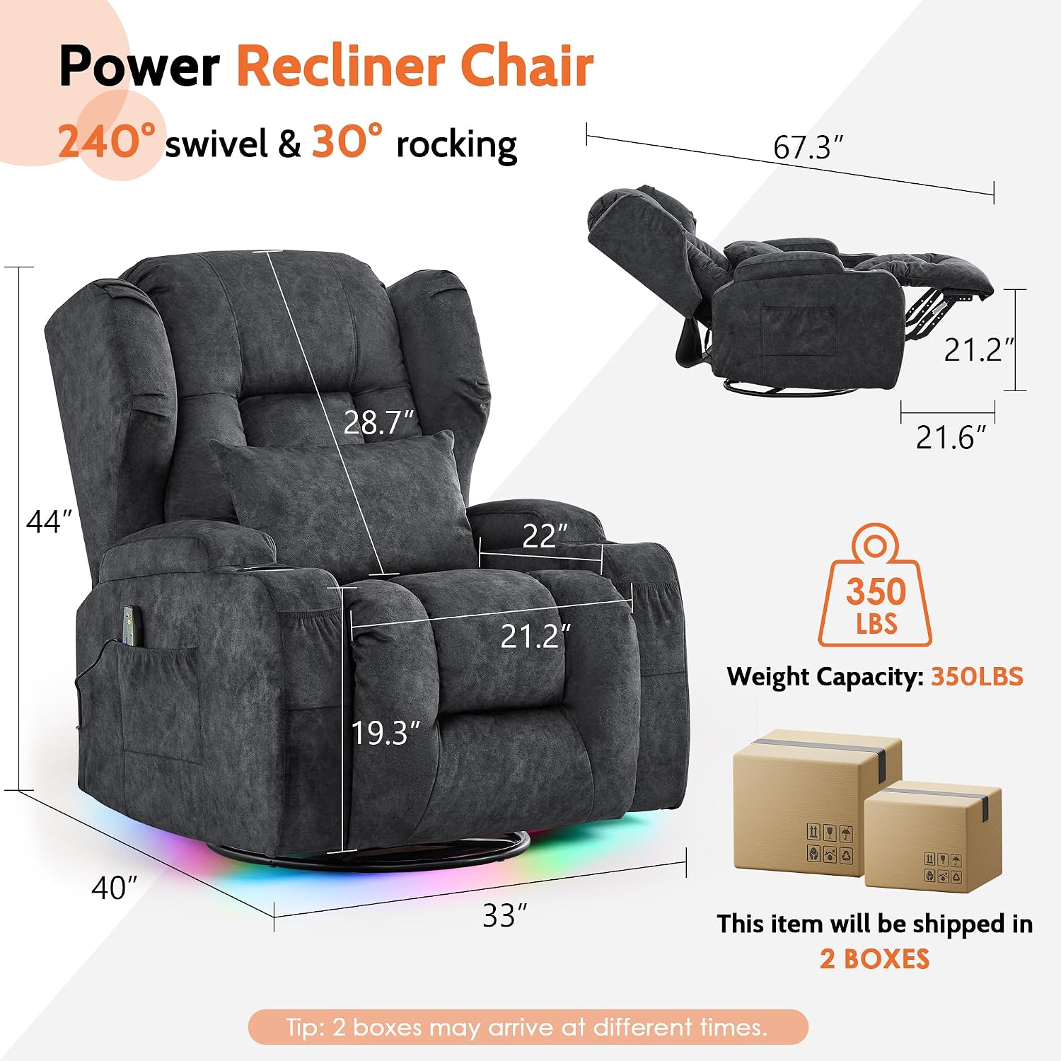 BINGTOO Dual Motor Power Swivel Rocker Recliner Chair with Massage & Heat, Electric Wall Hugger Glider Chair for Adults, Nursery with LED Lights, USB-C Ports & Cup Holders, Velvet Gray, 2 Chair