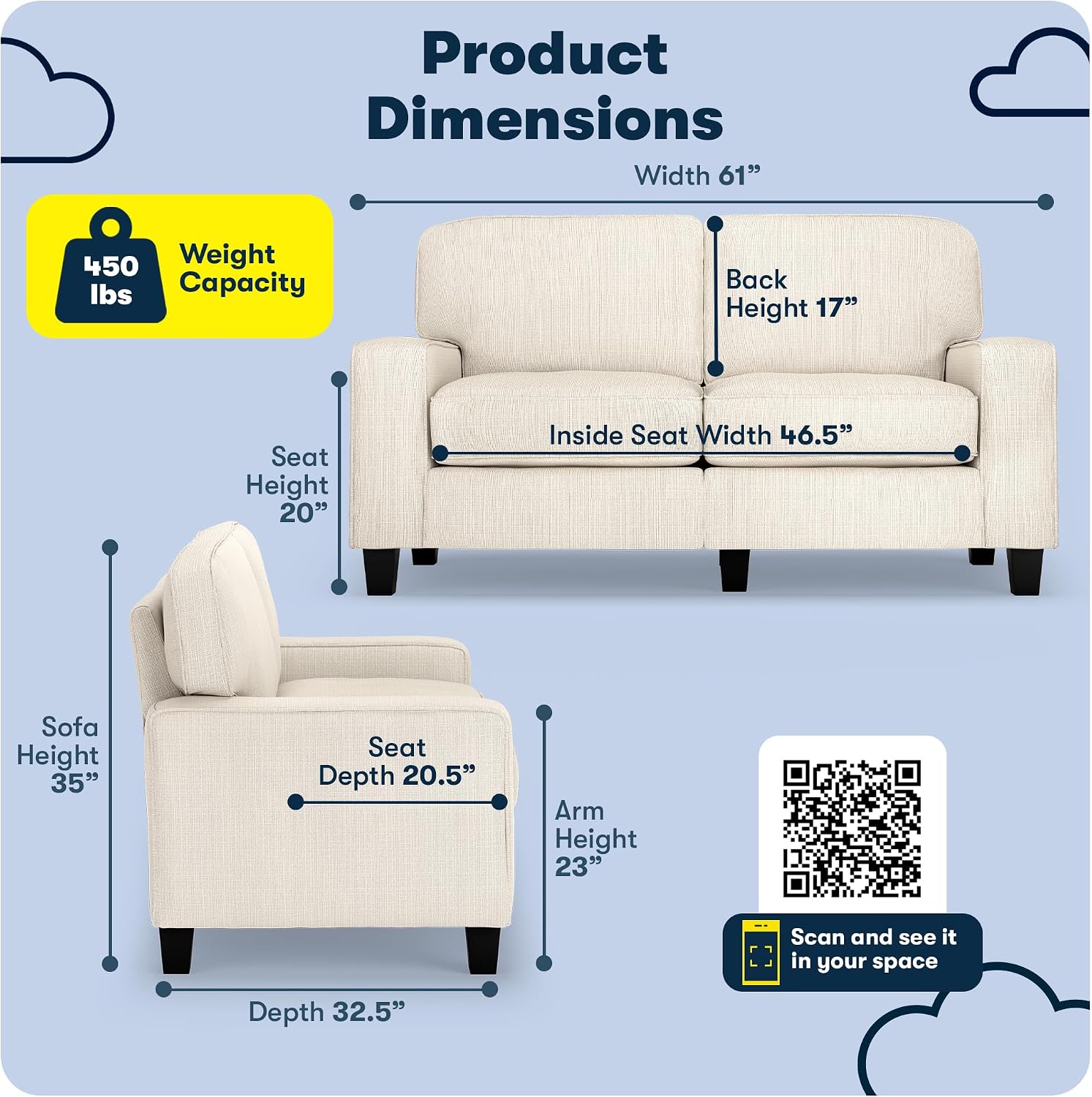 Serta Palisades 61' Track Arm Sofa, Easy Care Polyester, Soft Pillow Back, Pocket Coil Seat Cushions, Removable Covers, Loveseat or Couch for Small Spaces, Living Rooms or Bedrooms, Buckwheat Beige
