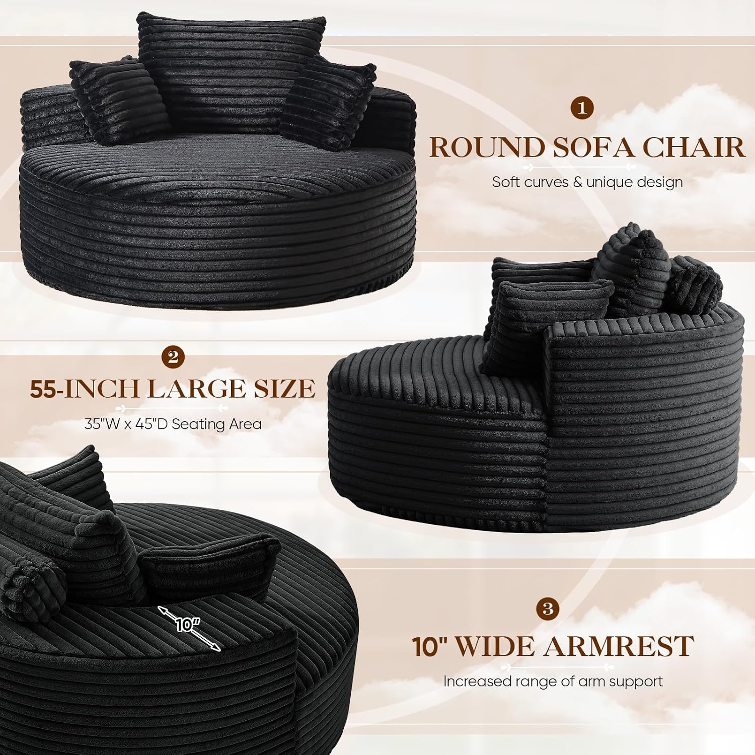 Oversized Round Chaise Longue Chair Indoor, Modern 55-inch Upholstered Corduroy Deep Seat Circle Single Cloud Lounge Floor Sofa Chair for Living Room, Bedroom Apartment, Black