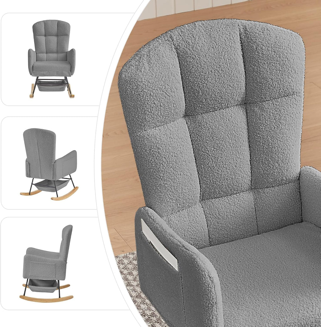 Teddy Upholstered Rocking Chair,Indoor Glider Chair with High Backrest and Side Pockets, Accent Arm Chair with Storage Bag for Living Room. (Grey)