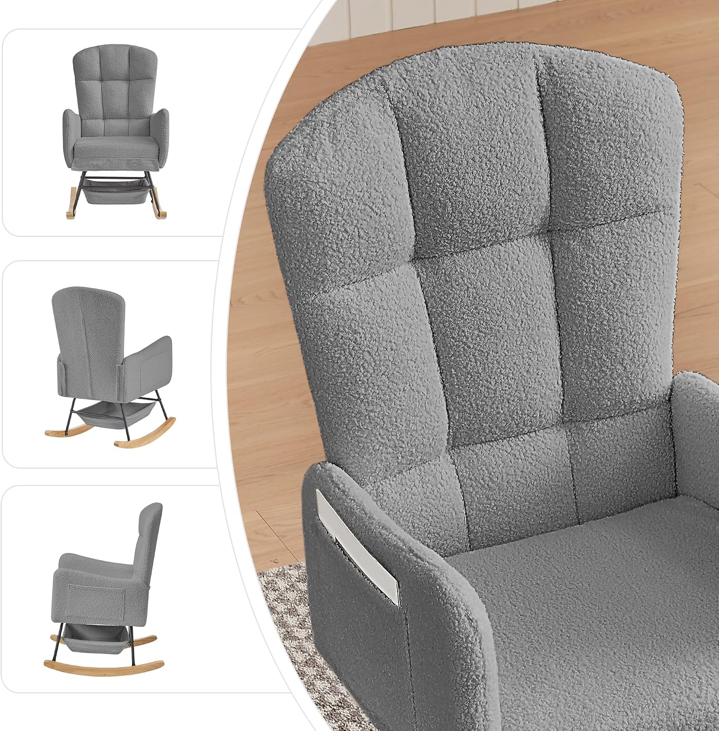 Teddy Upholstered Rocking Chair,Indoor Glider Chair with High Backrest and Side Pockets, Accent Arm Chair with Storage Bag for Living Room. (Grey)