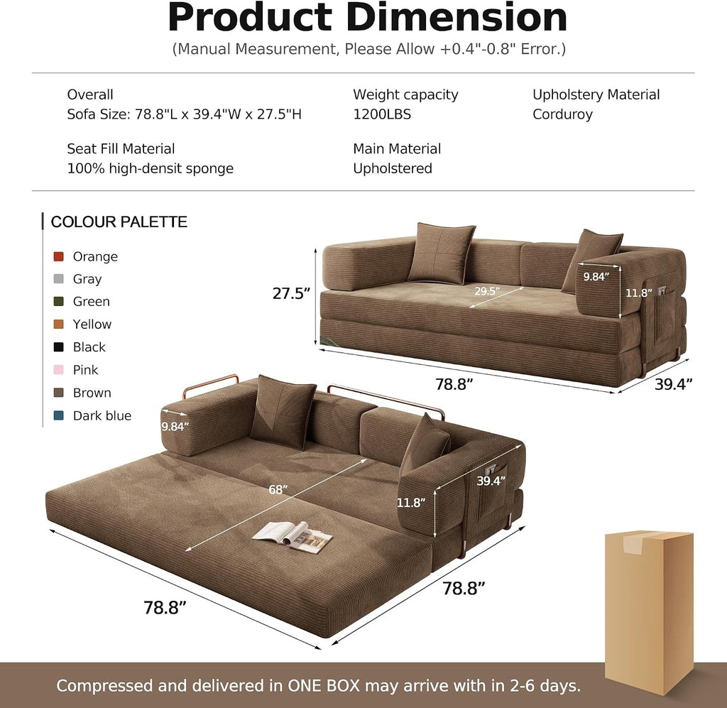 MoonSpeak 78.8''Sleeper Couch Bed for Livingroom,Convertible Modular Sofa with Armrest Pillow,Modular Foldable Corduroy Couches in a Box,No Assembly (Brown)