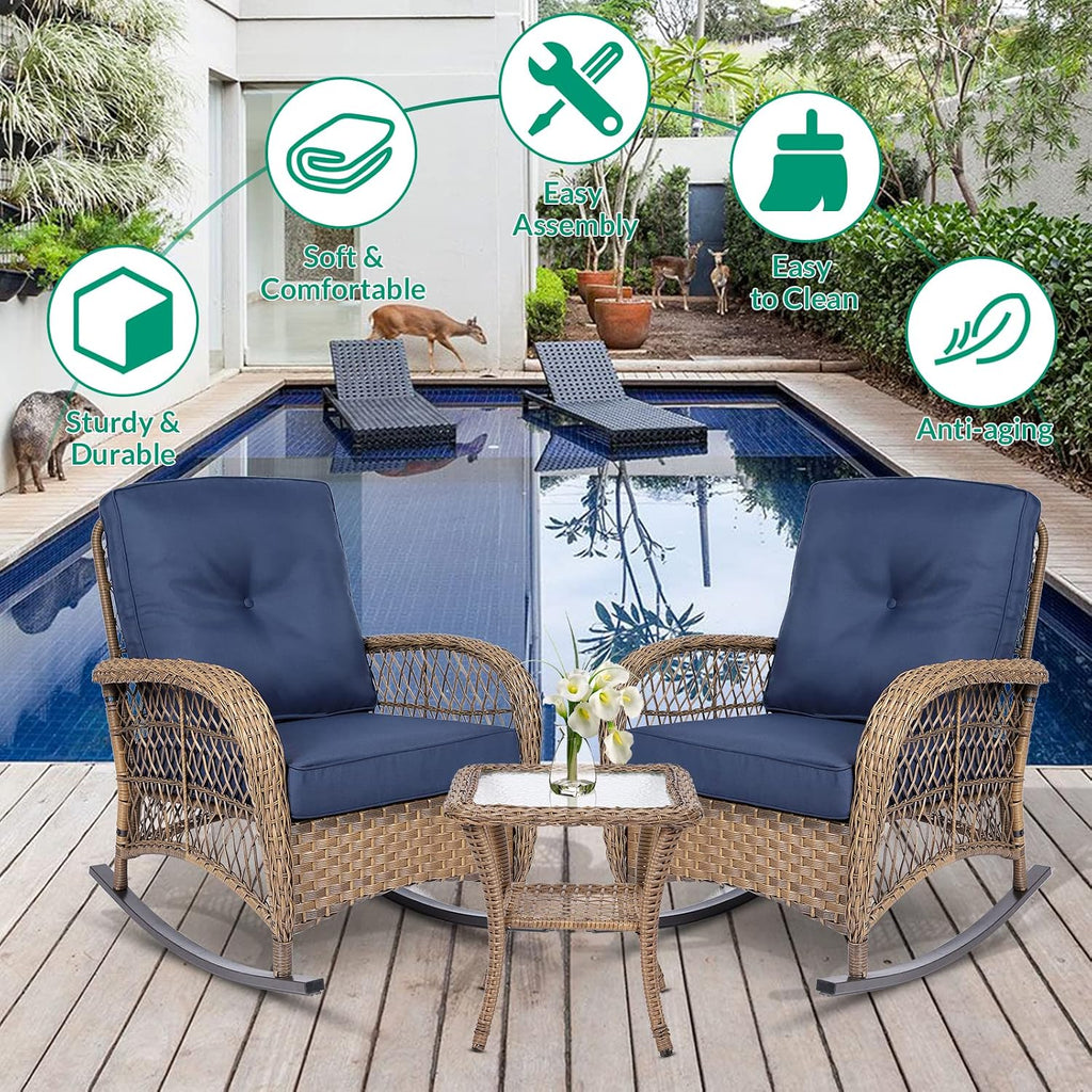 VIVIJASON 3-Piece Outdoor Conversation Bistro Set, Patio Wicker Rocking Chairs Rattan Furniture Sets w/ 2 Rattan Chairs, Cushions, Glass Top Side Table for Garden Porch Backyard (Navy Blue)