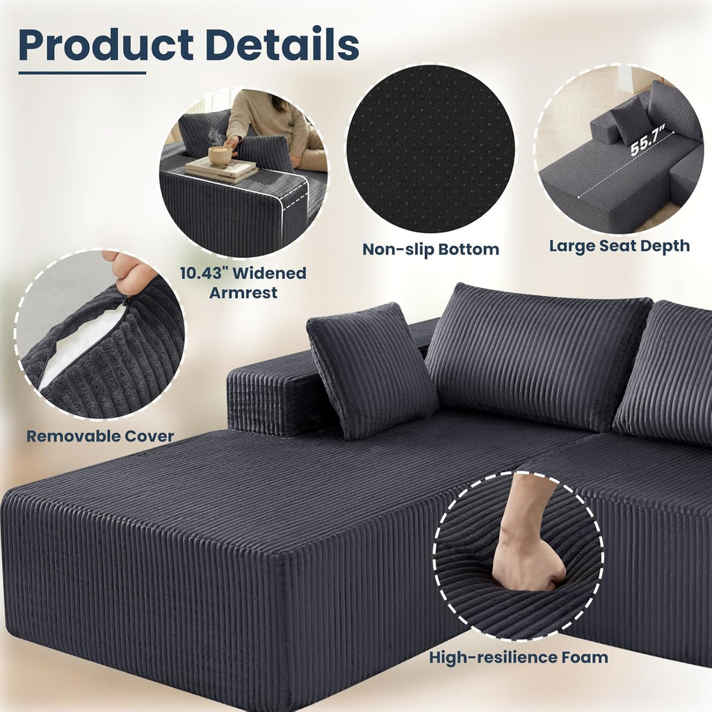 DUMOS 108' Boneless Couch, Cloud Sectional Couch with L-Shape Chaise, Modular Sectional Sofa with Deep Seat, Upholstered Couch for Living Room Bedroom, No Assembly Required, Grey, Left Facing Chaise