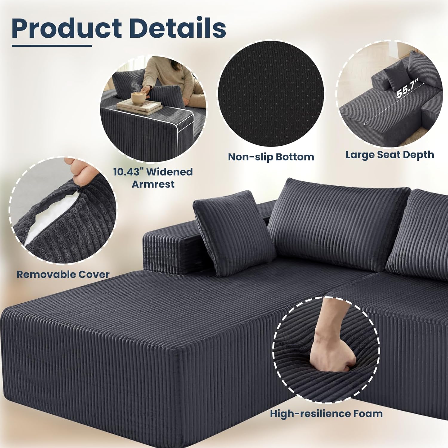 DUMOS 108' Boneless Couch, Cloud Sectional Couch with L-Shape Chaise, Modular Sectional Sofa with Deep Seat, Upholstered Couch for Living Room Bedroom, No Assembly Required, Grey, Left Facing Chaise