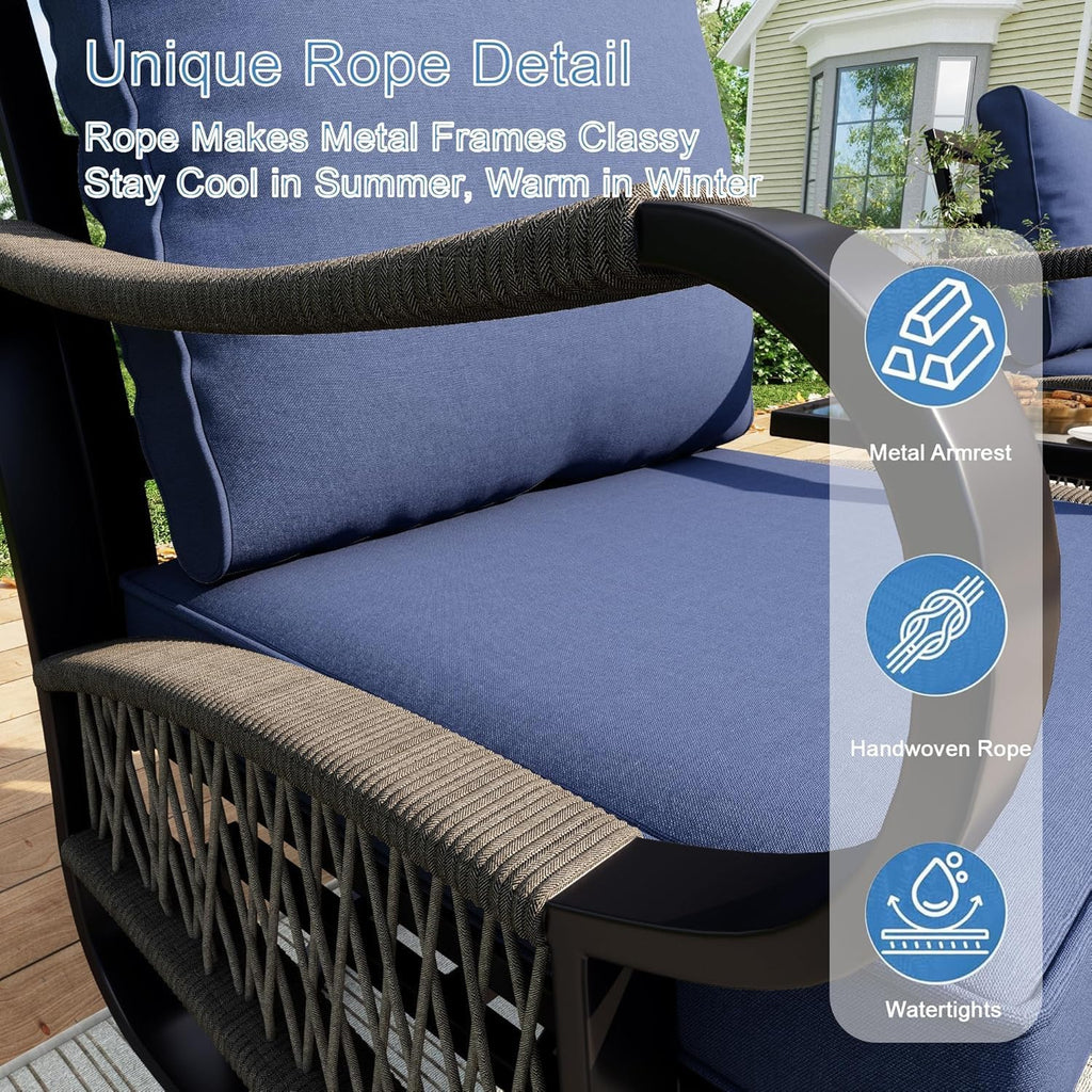 3 Pieces Modern Patio Furniture Set, All Weather Metal Outdoor Conversation Sets with Fire Pit Table for Backyard Garden Deck Porch Poolside, Blue