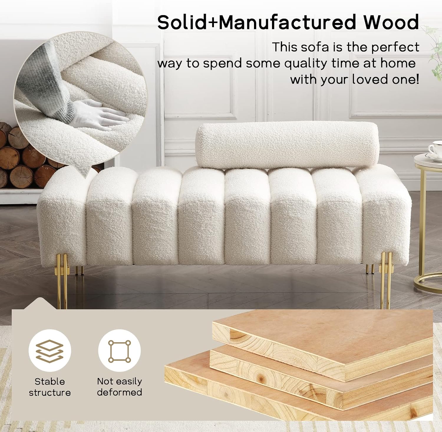 NIOIIKIT 53.2' Modern Loveseat Sofa Couch, Upholstered Accent Sofa with Golden Legs and Adjustable Backrest, Small Teddy Fleece Couches for Bedroom, Living Room, Compact Small Space (Beige Teddy)