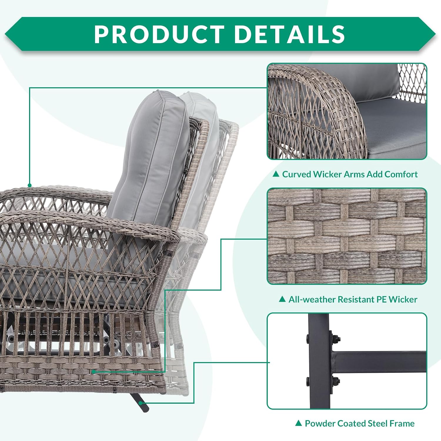 VIVIJASON 3-Piece Outdoor Patio Furniture Set, Outdoor Wicker Glider Rocking Chairs Rattan Conversation Bistro Sets w/ 2 Rattan Cushioned Chairs and Glass Top Side Table for Porch Backyard, Grey