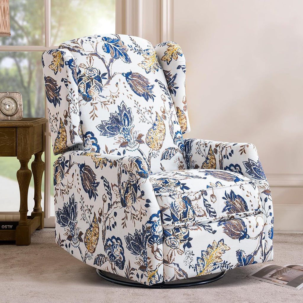 Swivel Rocker Recliner, Manual Nursery Rocker Recliner Chair, Wingback Swivel Recliner Chair, 360 Degree Glider Single Sofa Seat with Padded for Living Room (2, Blue)