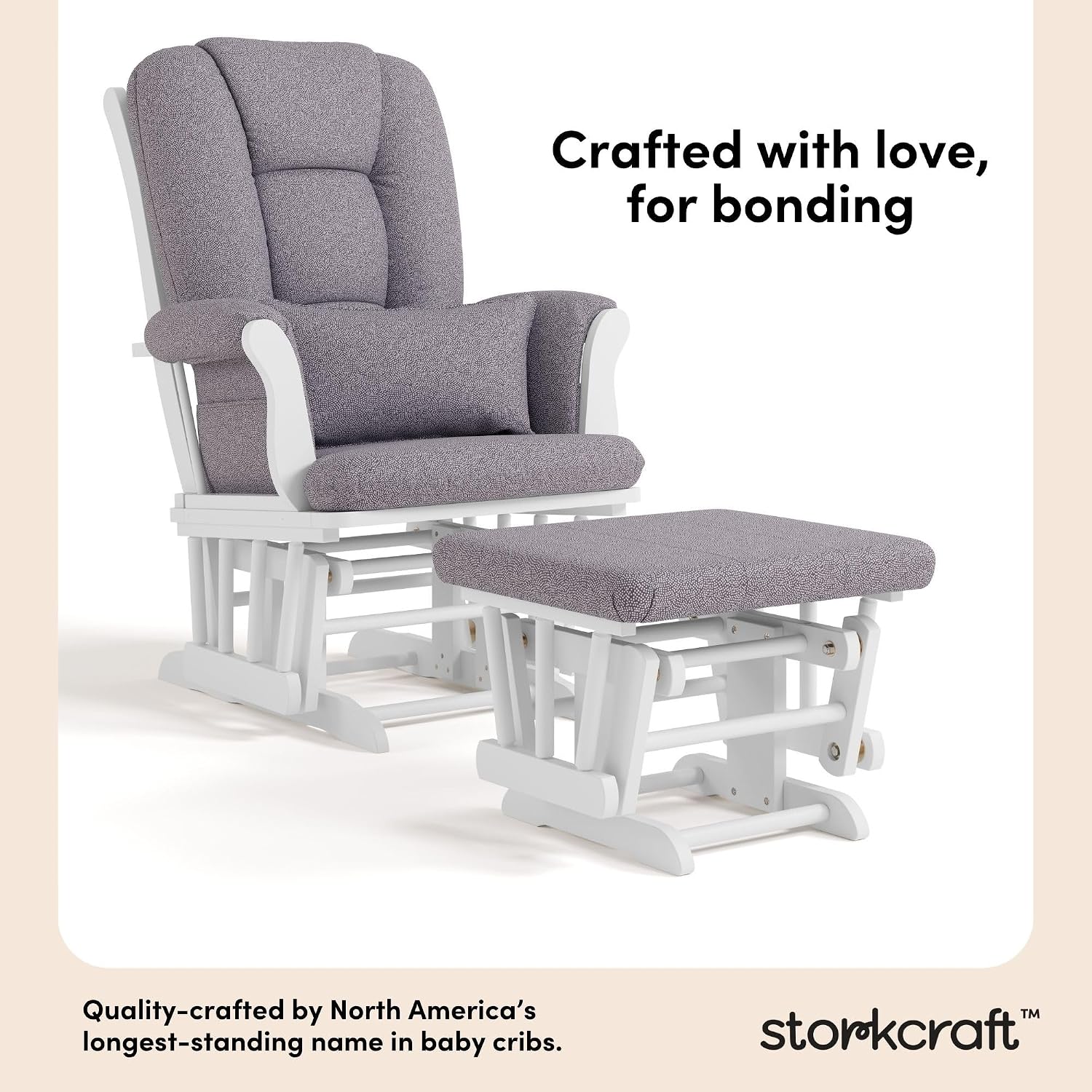 Storkcraft Tuscany Custom Glider and Ottoman with Free Lumbar Pillow (White/Slate Gray Swirl) - Cleanable Upholstered Comfort Rocking Nursery Chair with Ottoman