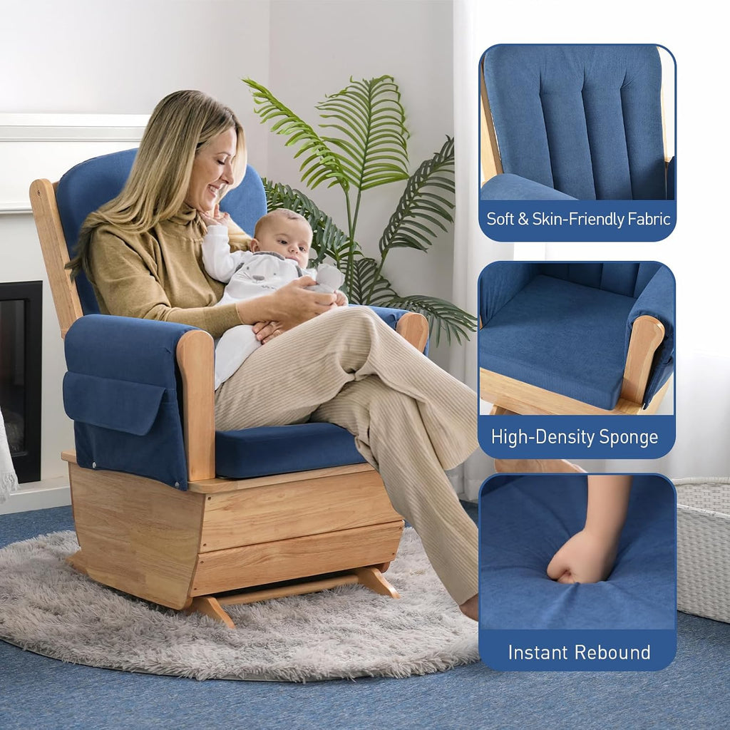 Solid Wood Nursery Glider Rocking Chair, Nursing Rocker Chair with Padded Cushion Armrest, Silent Smooth Rocking Motion for Indoor Living Room Napping Reading, Natural Wood + Light Blue