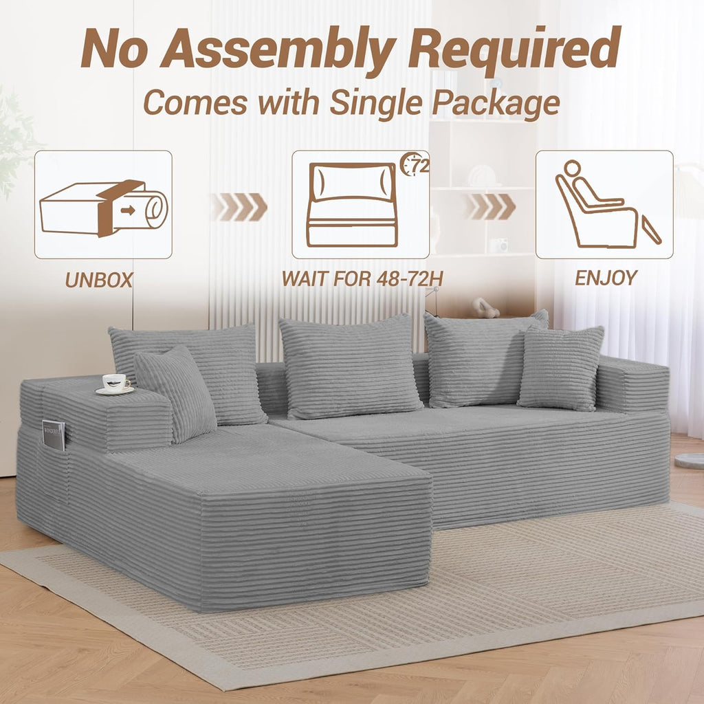 105'' Cloud Sectional Couch, Modular L-Shaped Boneless Sectional Sofa, Corduroy Deep Seat Couch, Small Space Sofas for Living Room Bedroom Apartment, No Assembly, Grey