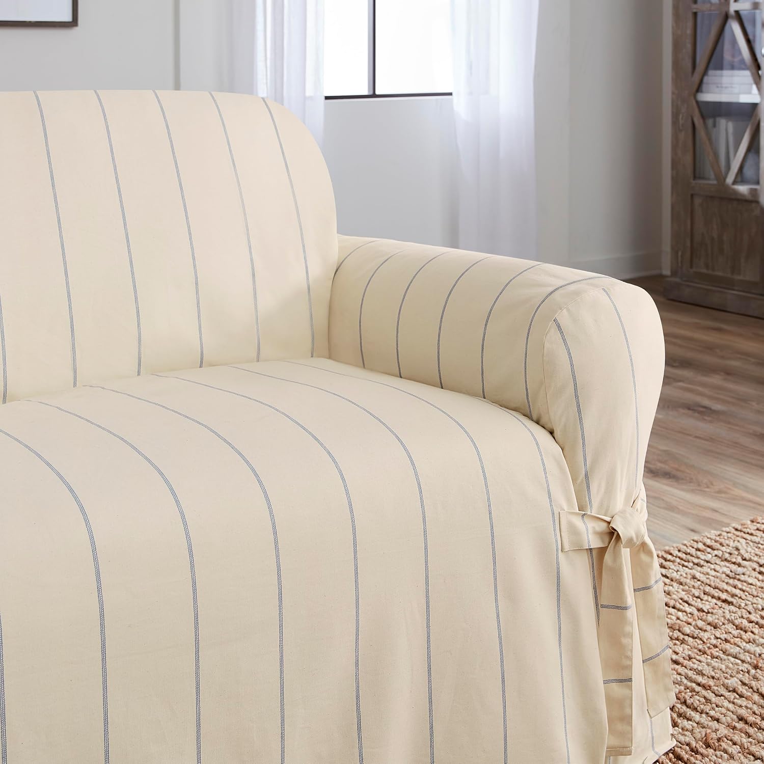 SureFit Heavyweight Cotton Duck Chair Slipcovers, Printed Heavyweight Cotton Chair Cover, One Piece Design, Armchair Cover with Seat Elastic and Adjustable Corner Ties, Natural with Blue Stripe