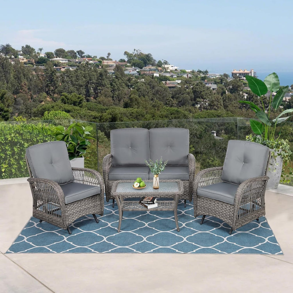 VIVIJASON 4-Piece Outdoor Patio Wicker Conversation Sets, All Weather Outdoor Rattan Furniture Set Includes Glider Loveseat, Coffee Table, 2 Glider Rocker Chairs w/Cushion for Lawn Balcony, Grey