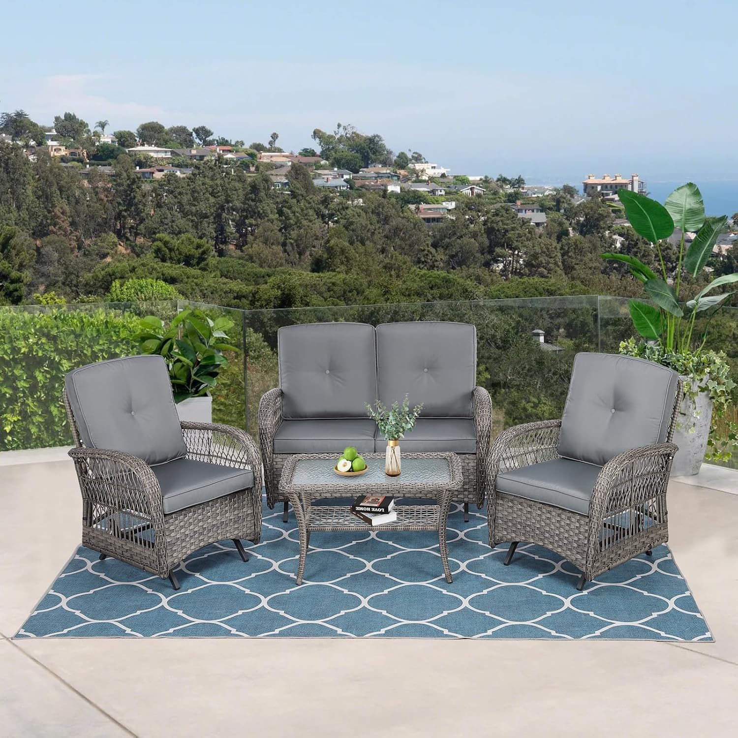 VIVIJASON 4-Piece Outdoor Patio Wicker Conversation Sets, All Weather Outdoor Rattan Furniture Set Includes Glider Loveseat, Coffee Table, 2 Glider Rocker Chairs w/Cushion for Lawn Balcony, Grey