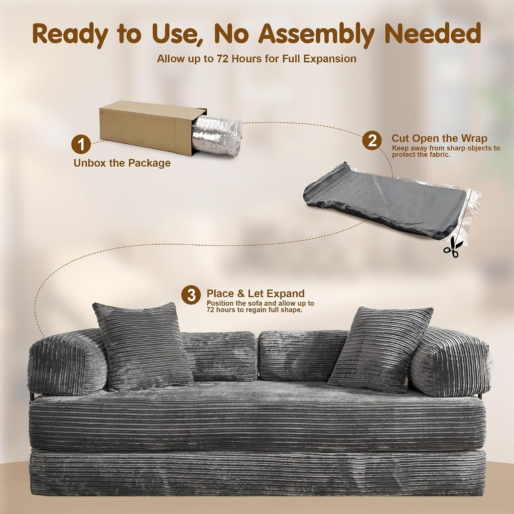 81″ Convertible Sleeper Sofa Bed with Pillows, Corduroy Foldable Mattress Couch with Fixed-Shape Frame, Futon Sofa Bed, Boneless Couch for Living Room Bedroom Lounge Studio, Gray