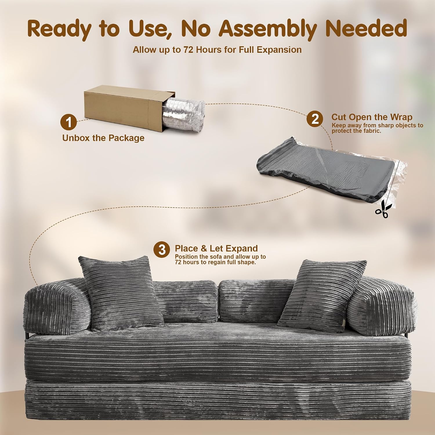 81″ Convertible Sleeper Sofa Bed with Pillows, Corduroy Foldable Mattress Couch with Fixed-Shape Frame, Futon Sofa Bed, Boneless Couch for Living Room Bedroom Lounge Studio, Gray