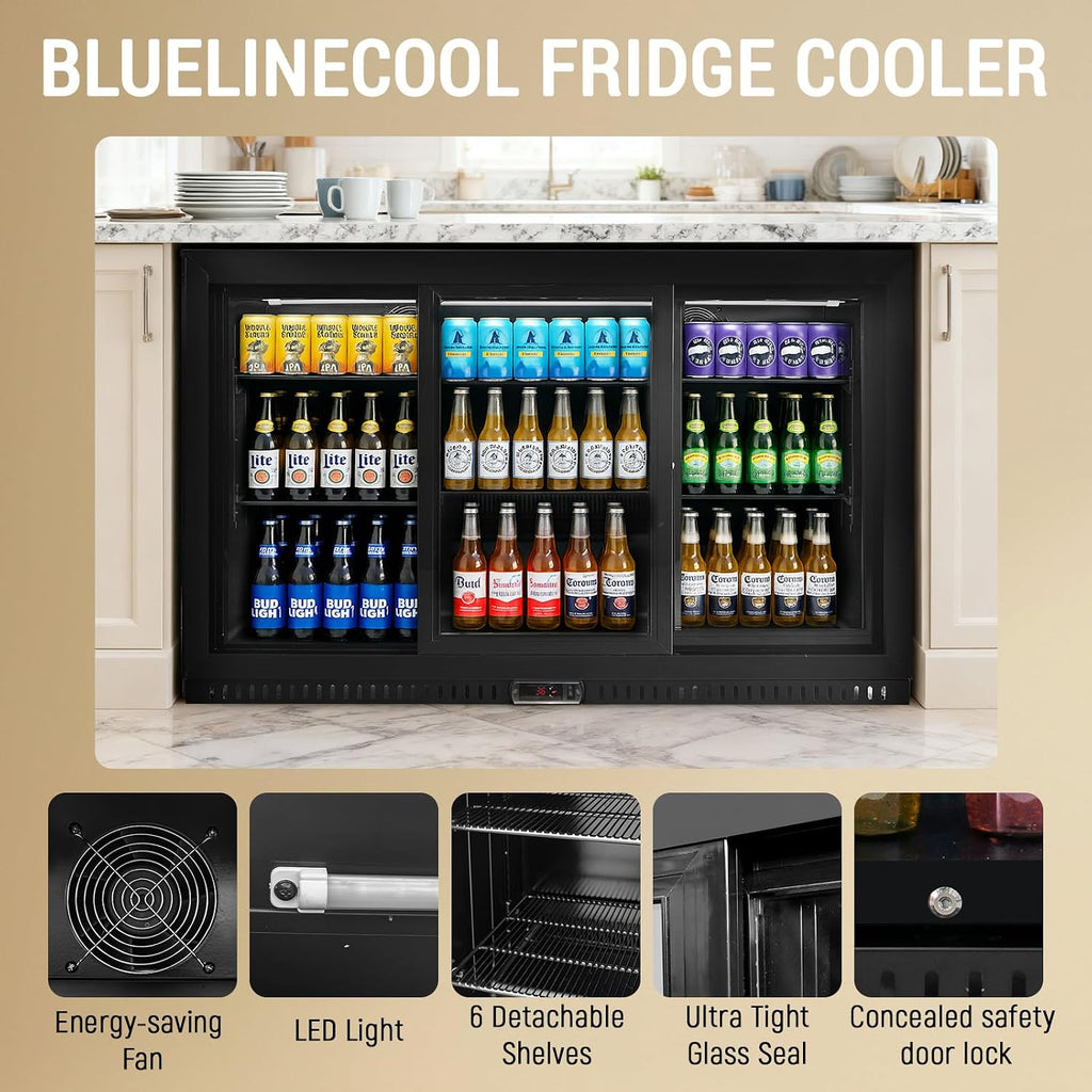 Commercial Back Bar Cooler with 3 Glass Doors, LED Lighting, 11.5 cu.ft Under Counter Beverage Refrigerator, ETL Certified Beer and Wine Cooler for Bar, Restaurant, Garage, Office, Home