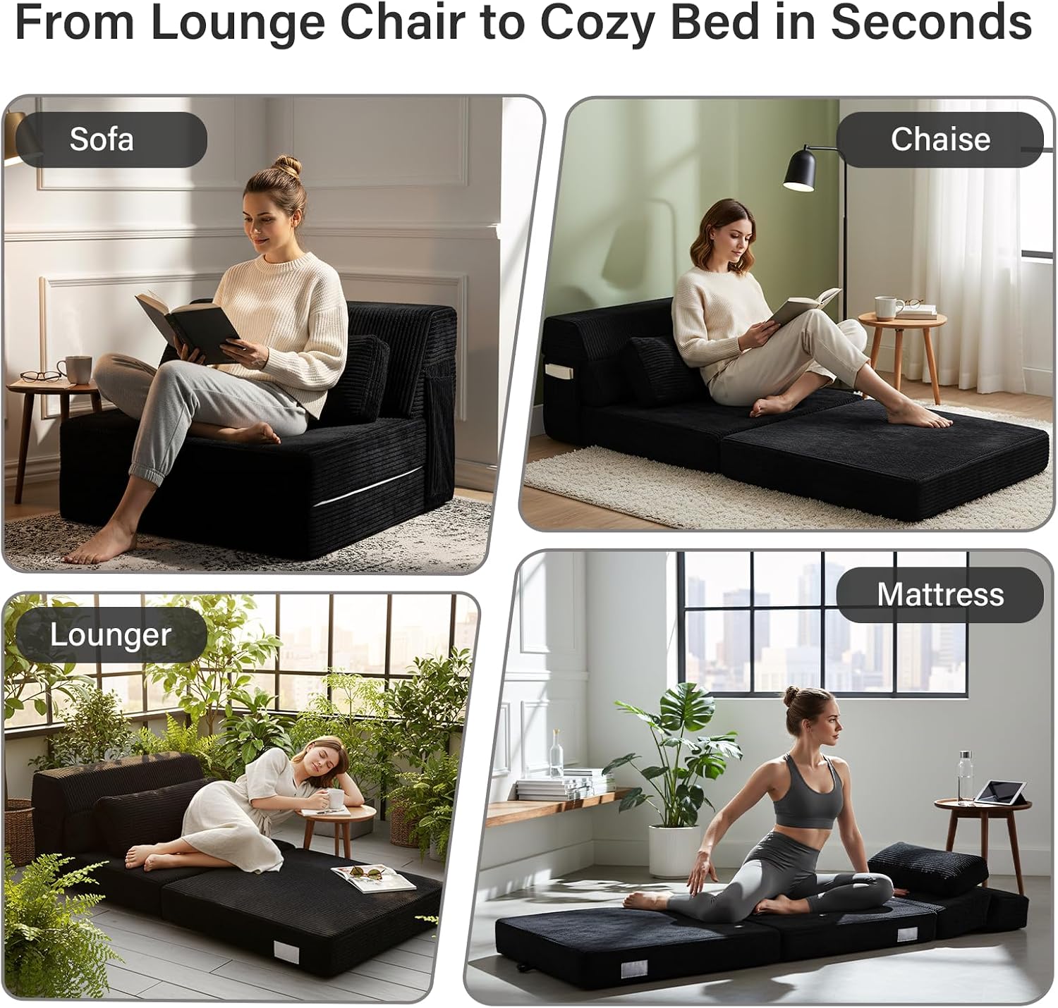 Folding Sofa Bed with Pillow, Convertible Sleeper Chair, Comfy Floor Futon Couch Mattress Lounge Sofa for Adults Portable Fold Out Chair Bed for Living Room Bedroom, Single, Black