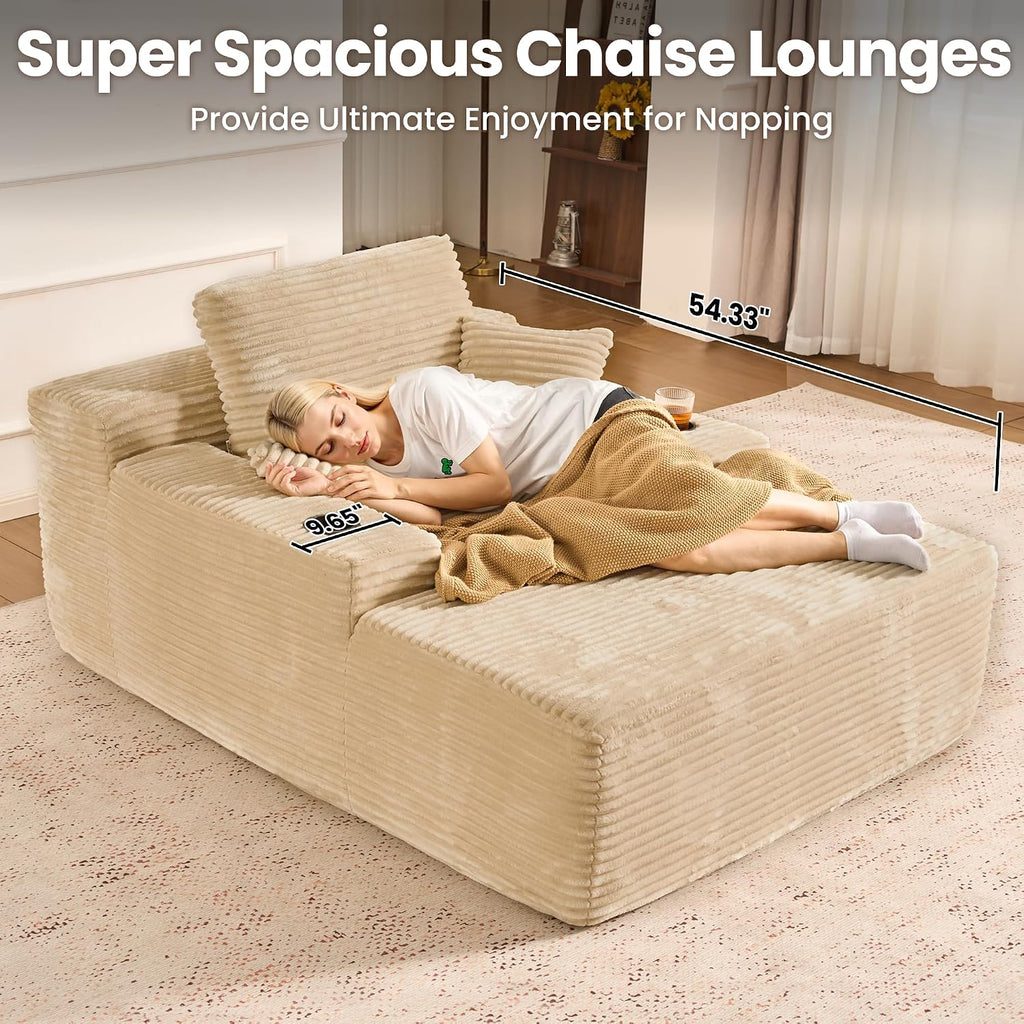 ovios 67'' Chaise Lounge Chair Indoor, Oversized Upholstered Boneless Sofa Bed with Cup Holders, Deep Seat Sleeper Couch, Plush Cloud Sofas Couches for Living Room (Faux Fur, Beige)