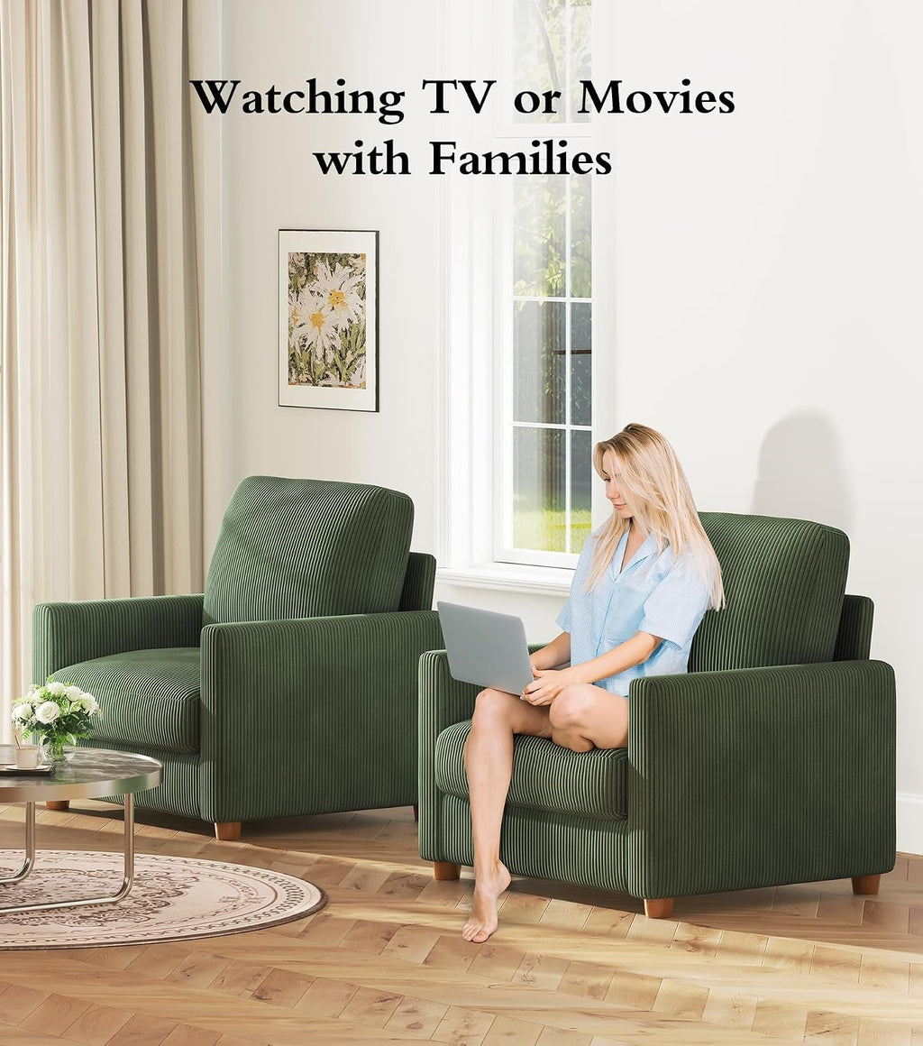 Kidirect 35.5in Corduroy Sofa Accent Chair, Tool-Free Setup Living Room Couch Accent Chairs, Reading Chair for Bedroom 22.5in Extra Deep Seats, Comfy Arm Chairs for Office, All-Wood Reading Nook Green